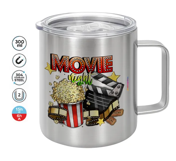 Movie night — Κούπα Ανοξείδωτη διπλού τοιχώματος 300ml με καπάκι διατήρησης θερμοκρασίας