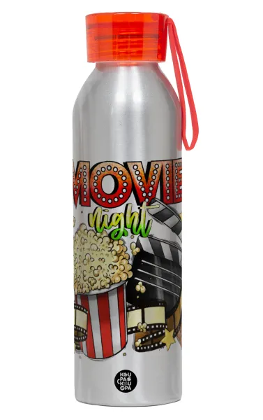 Movie night — Αλουμινένιο Αθλητικό Μπουκάλι 650ml – Ασημί με Κόκκινο Καπάκι και Λουράκι Σιλικόνης