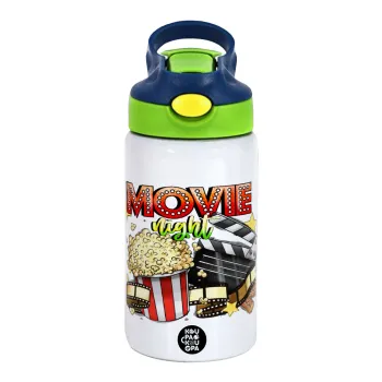Movie night, Children's hot water bottle, stainless steel, with safety straw, green, blue (350ml)