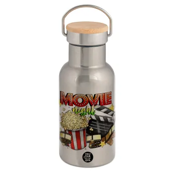 Movie night, Stainless steel metallic thermos flask, silver with a bamboo lid, double-walled, 350ml.