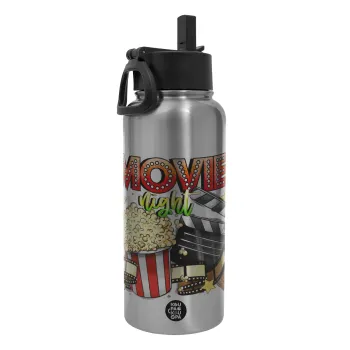 Movie night, Metal mug thermo Silver with Straw and Spout Lid (Stainless steel), double wall, 950ml