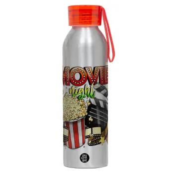 Movie night, Αλουμινένιο Αθλητικό Μπουκάλι 650ml – Ασημί με Κόκκινο Καπάκι και Λουράκι Σιλικόνης