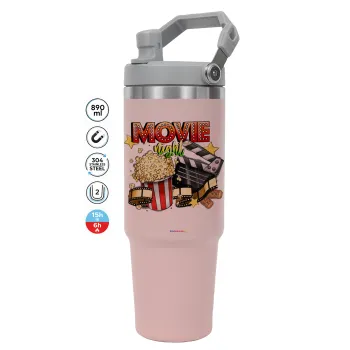 Movie night, Pink color, 890ml (30oz) stainless Steel Tumbler with Handle