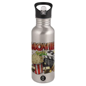 Movie night, Water bottle Silver with straw, stainless steel 600ml