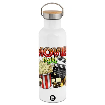 Movie night, Stainless steel White with wooden lid (bamboo), double wall, 750ml