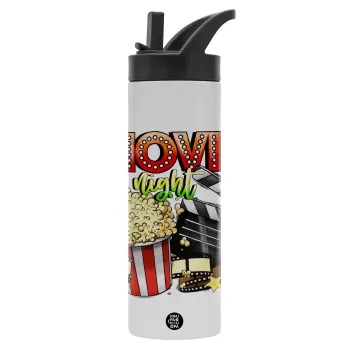 Movie night, Μεταλλικό παγούρι θερμός με καλαμάκι & χειρολαβή, ανοξείδωτο ατσάλι (Stainless steel 304), διπλού τοιχώματος, 600ml