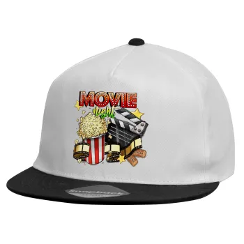 Movie night, Καπέλο παιδικό Flat Snapback, Λευκό (100% ΒΑΜΒΑΚΕΡΟ, ΠΑΙΔΙΚΟ, UNISEX, ONE SIZE)