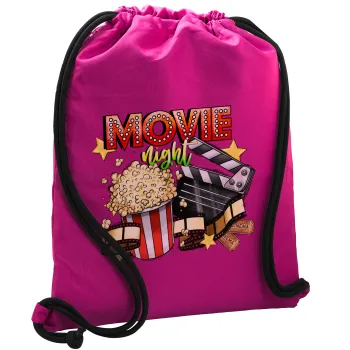 Movie night, Τσάντα πλάτης πουγκί GYMBAG Φούξια, με τσέπη (40x48cm) & χονδρά κορδόνια