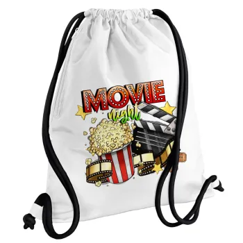 Movie night, Backpack pouch GYMBAG white, with pocket (40x48cm) & thick cords