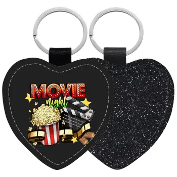 Movie night, Μπρελόκ PU δερμάτινο glitter καρδιά ΜΑΥΡΟ