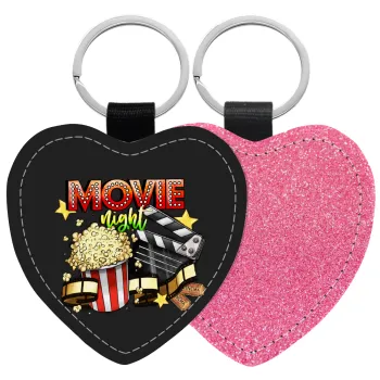 Movie night, Μπρελόκ PU δερμάτινο glitter καρδιά ΡΟΖ