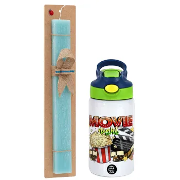 Movie night, Easter Set, Children's thermal stainless steel bottle with safety straw, green/blue (350ml) & aromatic flat Easter candle (30cm) (TURQUOISE)