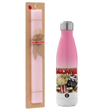 Movie night, Easter Set, Metallic pink/white (Stainless steel) thermos, double-walled, 500ml & aromatic flat Easter candle (30cm) (PINK)