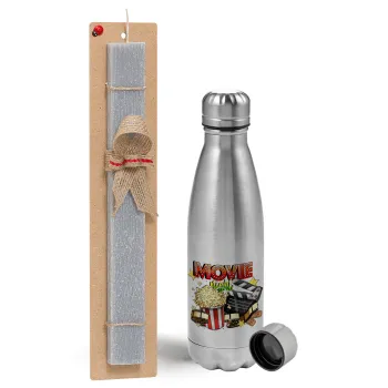 Movie night, Easter Set, metallic Inox water bottle (750ml) & aromatic flat Easter candle (30cm) (GRAY)