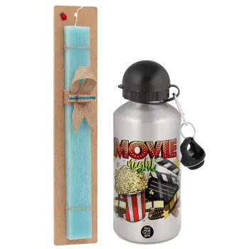 Movie night, Easter Set, metallic silver aluminum water bottle (500ml) & scented flat Easter candle (30cm) (TURQUOISE)