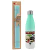 Easter Set, Metallic green/white thermos (Stainless steel), double-walled, 500ml & scented flat Easter candle (30cm) (TURQUOISE)
