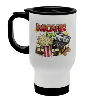 Movie night, Κούπα ταξιδιού ανοξείδωτη με καπάκι, διπλού τοιχώματος (θερμό) λευκή 450ml