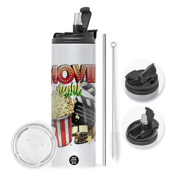 Movie night, Travel Tumbler 2 Lids, with metal straw & cleaning brush (Stainless steel 304 Food grade, BPA free, 600ml)