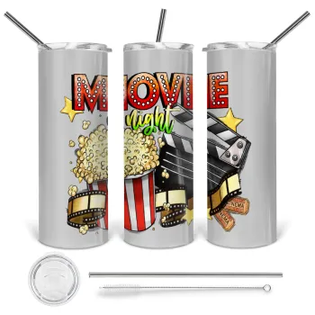 Movie night, Tumbler ποτήρι θερμό από ανοξείδωτο ατσάλι 600ml, με μεταλλικό καλαμάκι & βούρτσα καθαρισμού
