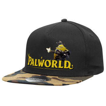 Palworld, Adult Flat Snapback Hat Black/Camouflage, (100% COTTON TWILL, ADULT, UNISEX, ONE SIZE)