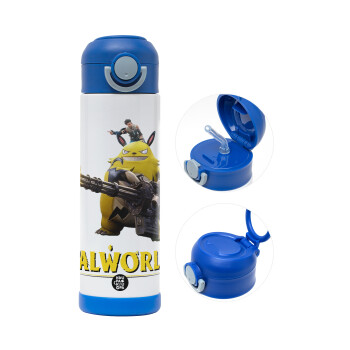 Palworld, Children's hot water bottle, stainless steel, with safety straw, BLUE (500ml)