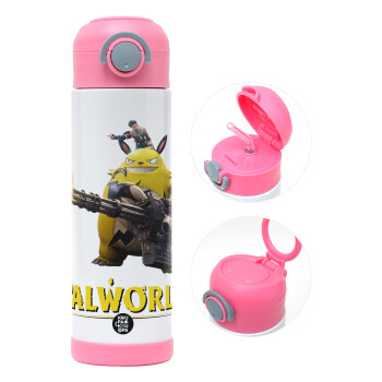 Palworld, Children's hot water bottle, stainless steel, with safety straw, PINK (500ml)