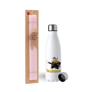 Palworld, Easter Set, metallic stainless steel water bottle (750ml) & scented flat Easter candle (30cm) (PINK)