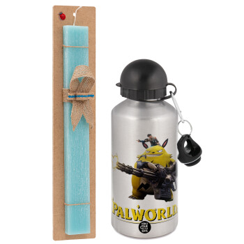 Palworld, Easter Set, metallic silver aluminum water bottle (500ml) & scented flat Easter candle (30cm) (TURQUOISE)