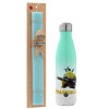 Easter Set, Metallic green/white thermos (Stainless steel), double-walled, 500ml & scented flat Easter candle (30cm) (TURQUOISE)