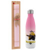 Easter Set, Metallic pink/white (Stainless steel) thermos, double-walled, 500ml & aromatic flat Easter candle (30cm) (PINK)