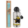 Easter Set, metallic silver aluminum water bottle (500ml) & scented flat Easter candle (30cm) (TURQUOISE)
