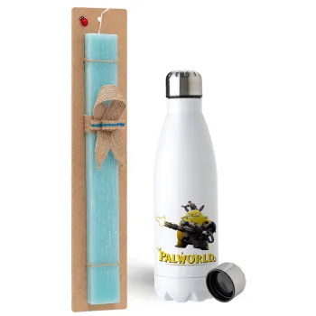 Palworld, Easter Set, metallic stainless steel water bottle (750ml) & aromatic flat Easter candle (30cm) (TURQUOISE)