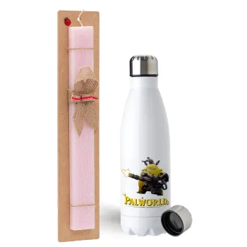 Palworld, Easter Set, metallic stainless steel water bottle (750ml) & scented flat Easter candle (30cm) (PINK)