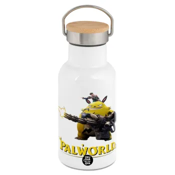 Palworld, Metallic thermos (Stainless steel) White with wooden lid (bamboo), double-walled, 350ml