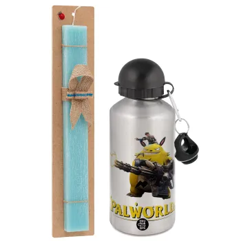Palworld, Easter Set, metallic silver aluminum water bottle (500ml) & scented flat Easter candle (30cm) (TURQUOISE)