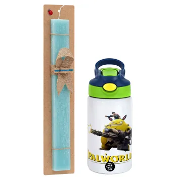 Palworld, Πασχαλινή Λαμπάδα με Παιδικό παγούρι θερμό, ανοξείδωτο, με καλαμάκι ασφαλείας, πράσινο/μπλε (350ml) & κερί αρωματικό πλακέ (30cm) (ΤΙΡΚΟΥΑΖ)