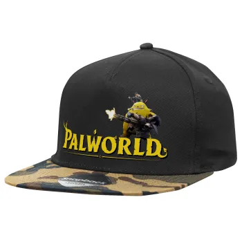 Palworld, Adult Flat Snapback Hat Black/Camouflage, (100% COTTON TWILL, ADULT, UNISEX, ONE SIZE)