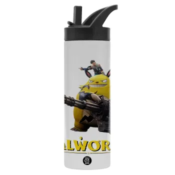 Palworld, Μεταλλικό παγούρι θερμός με καλαμάκι & χειρολαβή, ανοξείδωτο ατσάλι (Stainless steel 304), διπλού τοιχώματος, 600ml