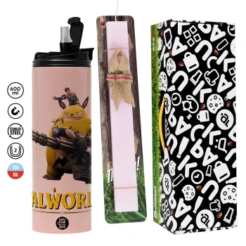 Palworld, Easter candle,Travel Tumbler 2 Lids, with metal straw & cleaning brush & aromatic flat candle (30cm) (PINK)