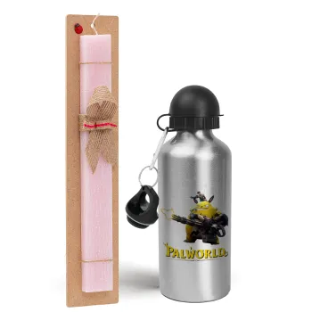 Palworld, Easter Set, metallic Silver aluminum water bottle (500ml) & scented flat Easter candle (30cm) (PINK)
