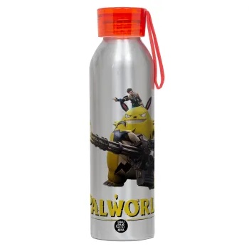 Palworld, Αλουμινένιο Αθλητικό Μπουκάλι 650ml – Ασημί με Κόκκινο Καπάκι και Λουράκι Σιλικόνης