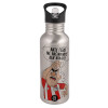 Water bottle Silver with straw, stainless steel 600ml