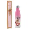 Easter Set, Metallic pink/white (Stainless steel) thermos, double-walled, 500ml & aromatic flat Easter candle (30cm) (PINK)