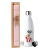 Easter Set, metallic stainless steel water bottle (750ml) & scented flat Easter candle (30cm) (PINK)