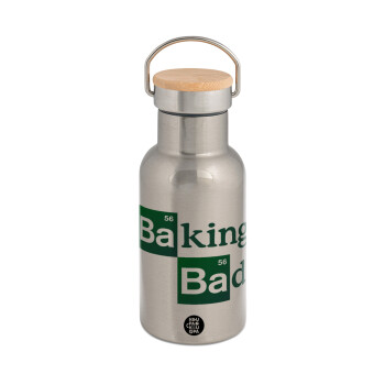 Baking Bad, Stainless steel metallic thermos flask, silver with a bamboo lid, double-walled, 350ml.