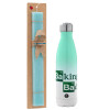 Easter Set, Metallic green/white thermos (Stainless steel), double-walled, 500ml & scented flat Easter candle (30cm) (TURQUOISE)