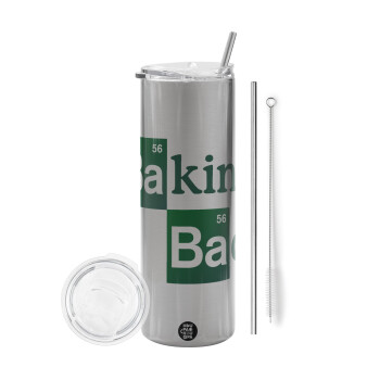 Baking Bad, Tumbler ποτήρι θερμό Ασημένιο από ανοξείδωτο ατσάλι 600ml, με μεταλλικό καλαμάκι & βούρτσα καθαρισμού
