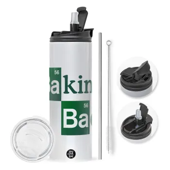 Baking Bad, Travel Tumbler θερμό με διπλό καπάκι, μεταλλικό καλαμάκι και βούρτσα καθαρισμού (Ανωξείδωτο 304 Food grade, BPA free, 600ml)
