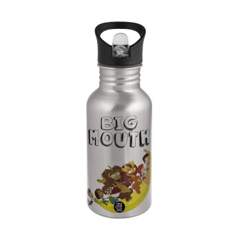 Big mouth, Water bottle Silver with straw, stainless steel 500ml