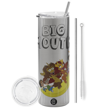 Big mouth, Eco friendly stainless steel Silver tumbler 600ml, with metal straw & cleaning brush